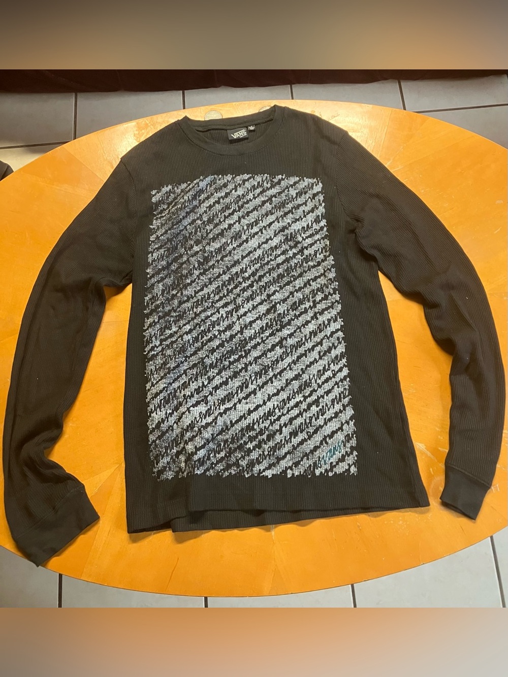 Vintage Vans Long Sleeve Thermal Shirt Small Black Y2K Script Graphic Waffle Tee